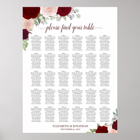 Poster Chart de placement de mariage à 30 tables avec ros (Devant)