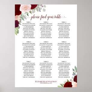 Poster Chart de placement de mariage à 9 tables avec rose