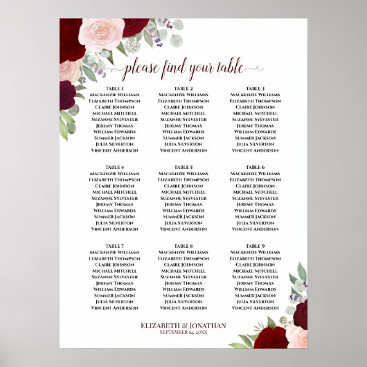 Poster Chart de placement de mariage à 9 tables avec rose (Devant)