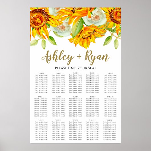 Poster Chart de placement de mariage au tournesol élégant (Devant)