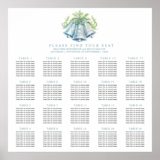 Poster Chart de placement de mariage avec 20 tables cloch (Devant)