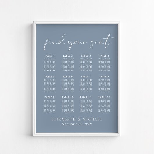 Poster Chart de placement de mariage chic poussiéreux ble