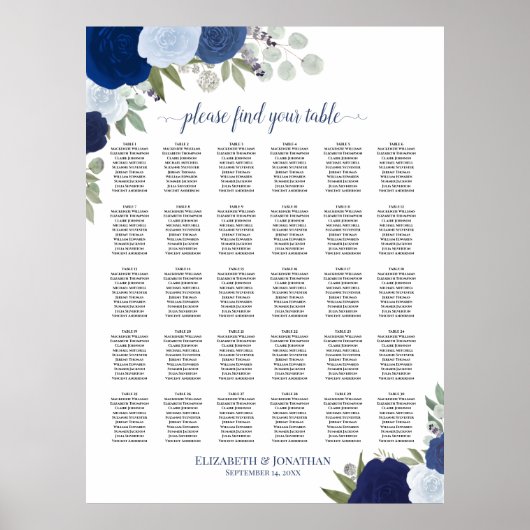 Poster Chart de placement de mariage élégant avec des ros (Devant)