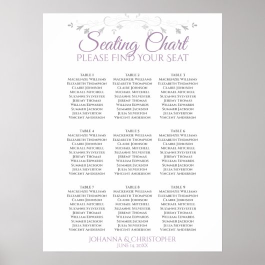 Poster Chart de placement de mariage sur fond blanc 9 tab (Devant)