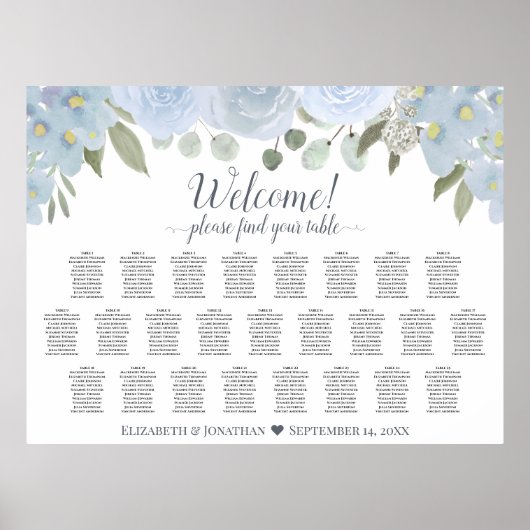 Poster Chart de placement de table de 25 Roses rustiques (Devant)