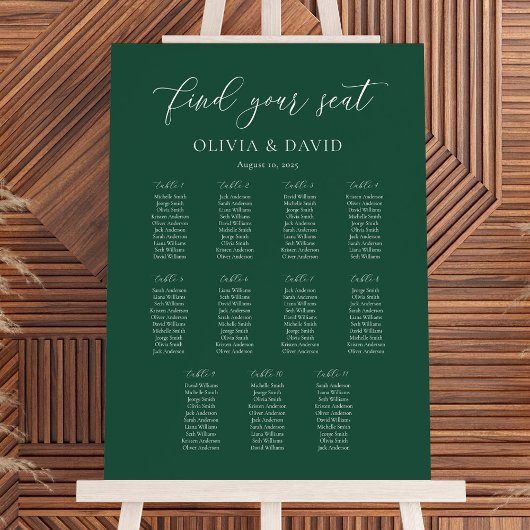 Poster Chart de placement de table élégant vert émeraude
