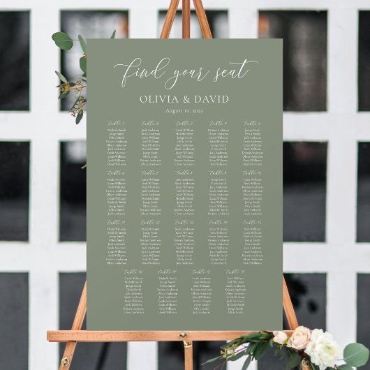 Poster Chart de Sièges Élégant Vert Sauge 19 tables