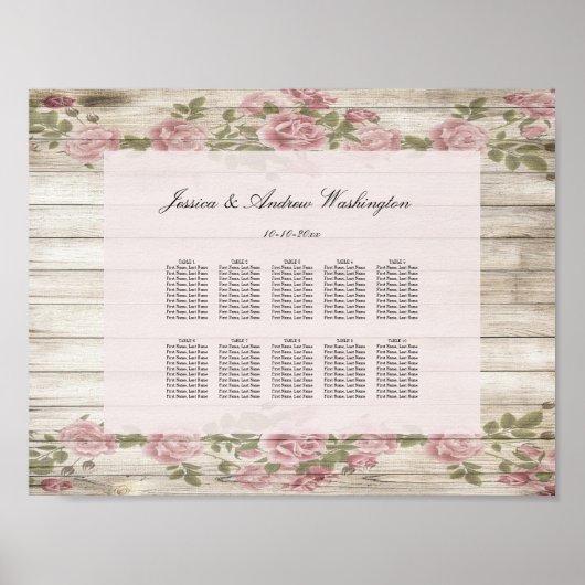 Poster Chartes de sièges de mariage avec des roses rustiq (Devant)