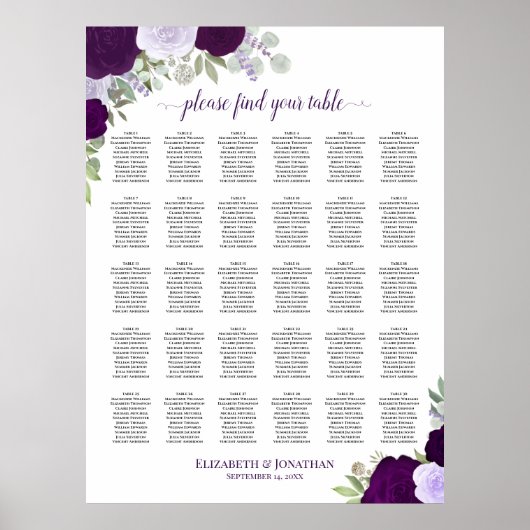 Poster Chartre de placement de mariage chic aux roses vio (Devant)