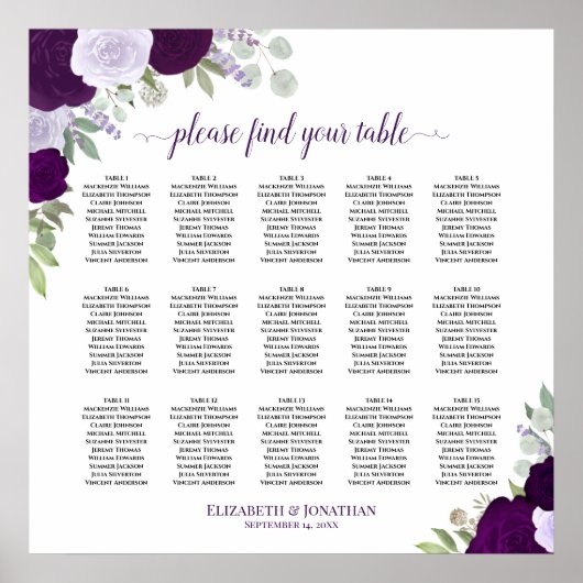 Poster Chartre de placement de mariage chic avec 15 table (Devant)