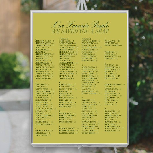 Poster Chartreuse Alphabetical Wedding Seating Chart