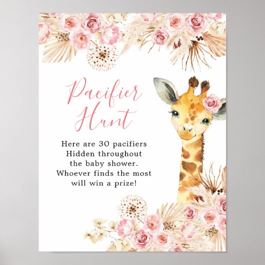 Poster Chasse au Baby shower de girafe de Boho rose pâle (Devant)
