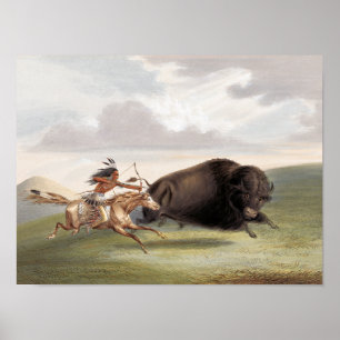 Poster Chasse aux bisons, Poursuite (1884) chromolithogra