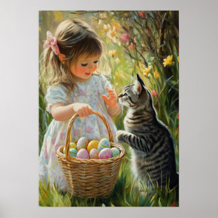 Poster Chasse aux oeufs de Pâques mignonne avec chaton