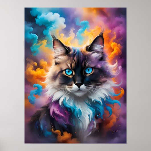 Poster Chat à bouffée majestueuse avec yeux bleus percés (Devant)