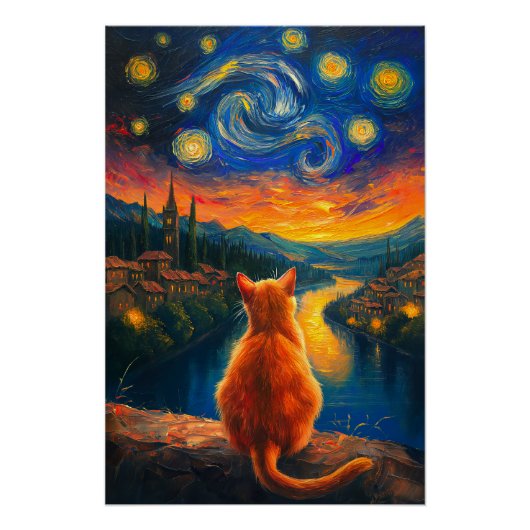 Poster Chat à gingembre contemplatif | Starry Night Sky A (Devant)