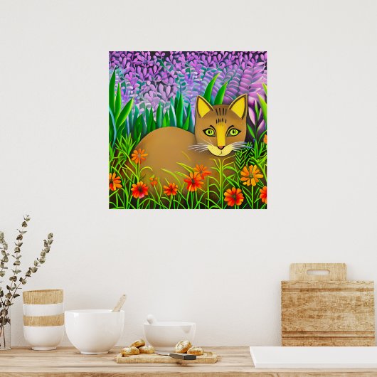Poster Chat à l'oeil vert dans un jardin fleuri (Cuisine)