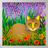 Poster Chat à l'oeil vert dans un jardin fleuri (Devant)