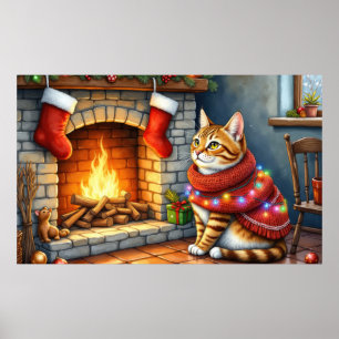 Poster Chat abyssin assis près de la cheminée à Noël
