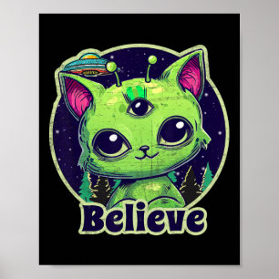 Poster Chat Alien Cute Croient En Ufo Kawaii