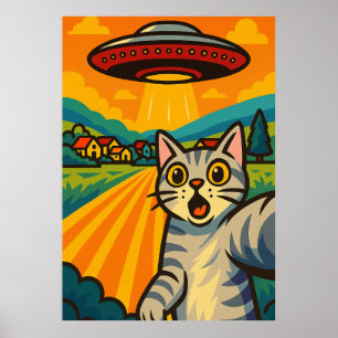 Poster Chat Alien Drôle UFO Abduction Chat Art Pop Rétro