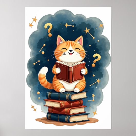 Poster Chat amateur de livre dans l'espace lisant une con (Devant)