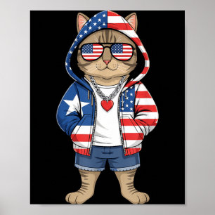Poster Chat Américain Drapeau USA Rouge Blanc Bleu Patrio