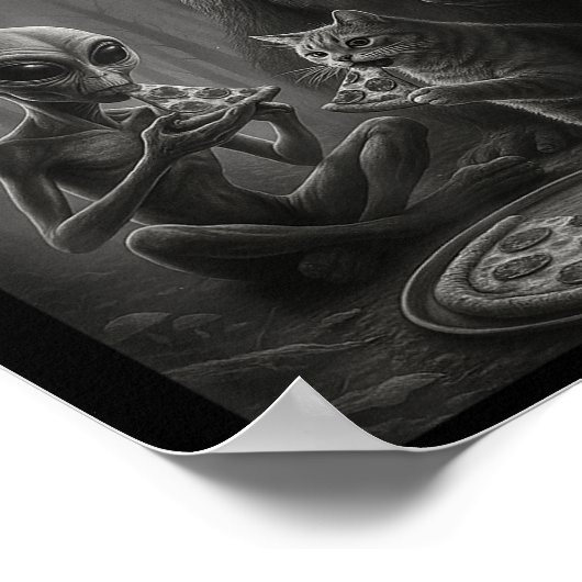 Poster Chat Amusant Avec Alien Et Pizza De Pied D'Oignon (Coin)