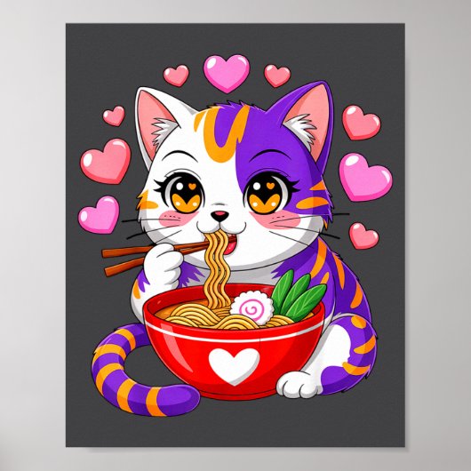 Poster Chat Anime Mangeant des Nouilles Ramen Avec des Cœ (Devant)