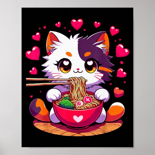 Poster Chat Anime Mangeant Des Nouilles Ramen Avec Des Cœ (Devant)