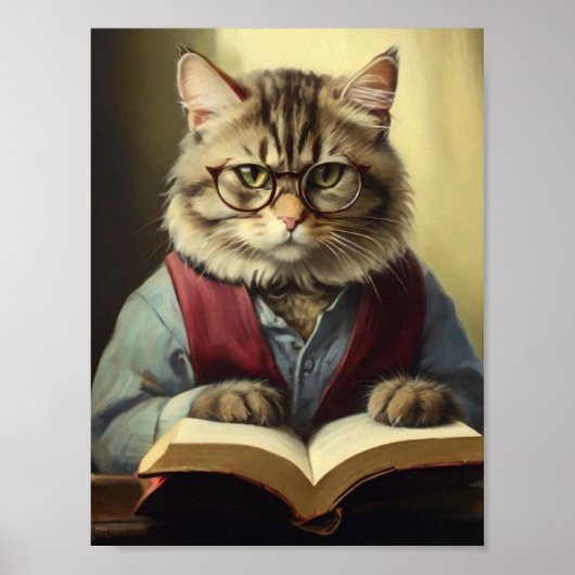 Poster chat anthropomorphe lecture d'un livre (Devant)
