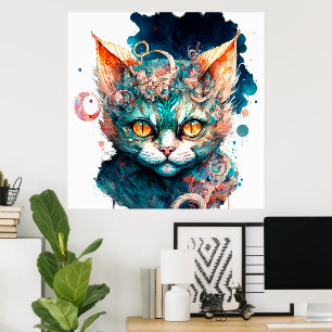 Poster Chat aquarelle en style steampunk