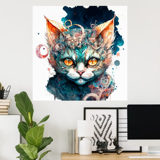 Poster Chat aquarelle en style steampunk (Bureau à domicile)
