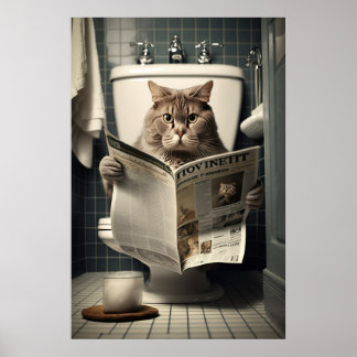 Poster Chat assis sur les toilettes Lire un journal