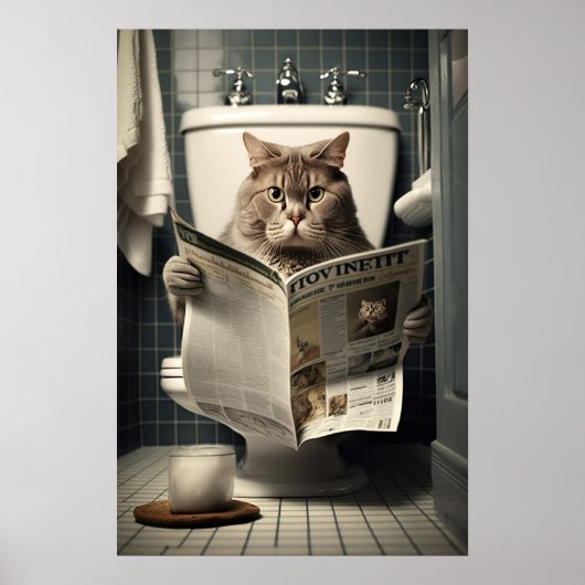 Poster Chat assis sur les toilettes Lire un journal (Devant)