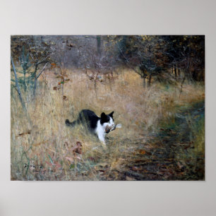 Poster Chat attrapé un oiseau, Bruno Liljefors