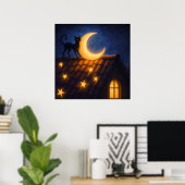 Poster Chat au Clair de Lune sur un Toit Étoilé (Bureau à domicile)
