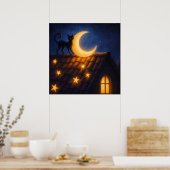 Poster Chat au Clair de Lune sur un Toit Étoilé (Cuisine)
