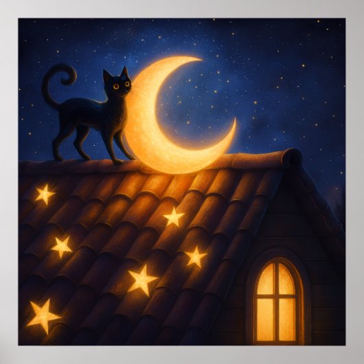 Poster Chat au Clair de Lune sur un Toit Étoilé (Devant)