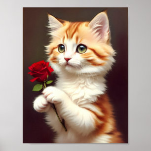 Poster Chat au gingembre mignon tenant une Rose rouge. Pe