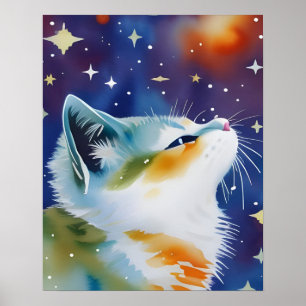 Poster Chat au style Nuit Étoilée Aquarelle
