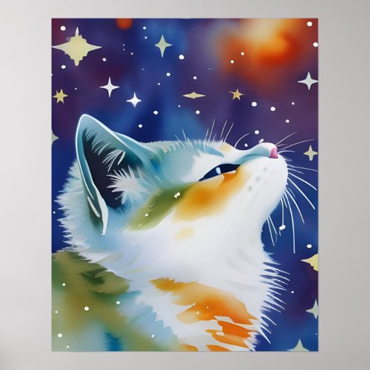 Poster Chat au style Nuit Étoilée Aquarelle (Devant)