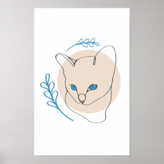 Poster Chat aux yeux bleus minimaliste en dessin au trait