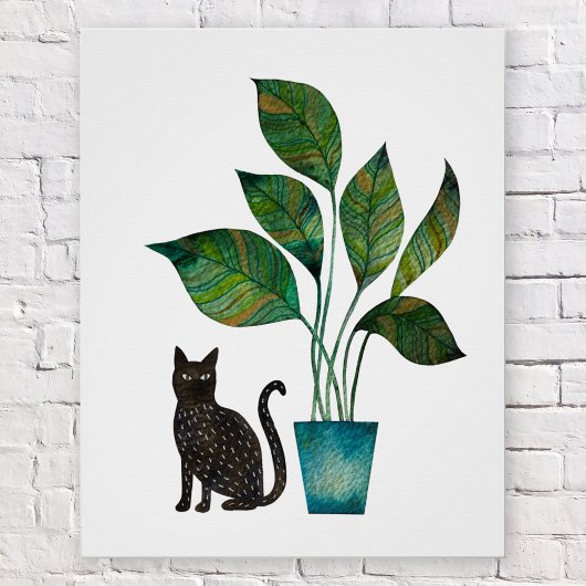 Poster Chat avec aquarelle Plante pointé