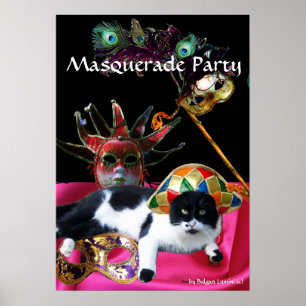 POSTER CHAT AVEC CASQUETTE HARLEQUIN ET MASQUERADE DE FÊT