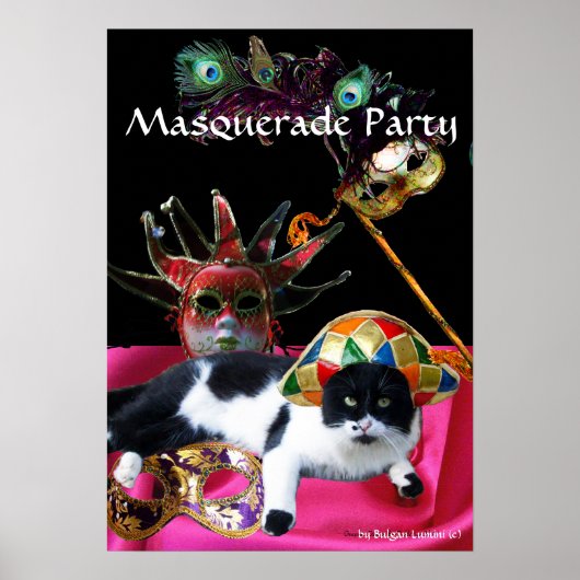 POSTER CHAT AVEC CASQUETTE HARLEQUIN ET MASQUERADE DE FÊT (Devant)