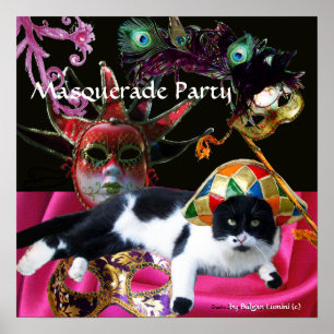 POSTER CHAT AVEC CHAPEAU D'ARLEQUIN ET MASQUES DE BAL MAS