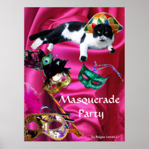 POSTER CHAT AVEC CHAPEAU D'ARLEQUIN ET MASQUES DE BAL MAS