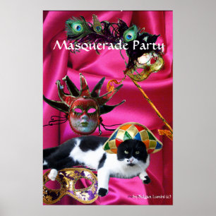 POSTER CHAT AVEC CHAPEAU D'ARLEQUIN ET MASQUES DE BAL MAS