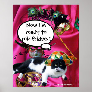 POSTER CHAT AVEC CHAPEAU D'ARLEQUIN ET MASQUES DE BAL MAS